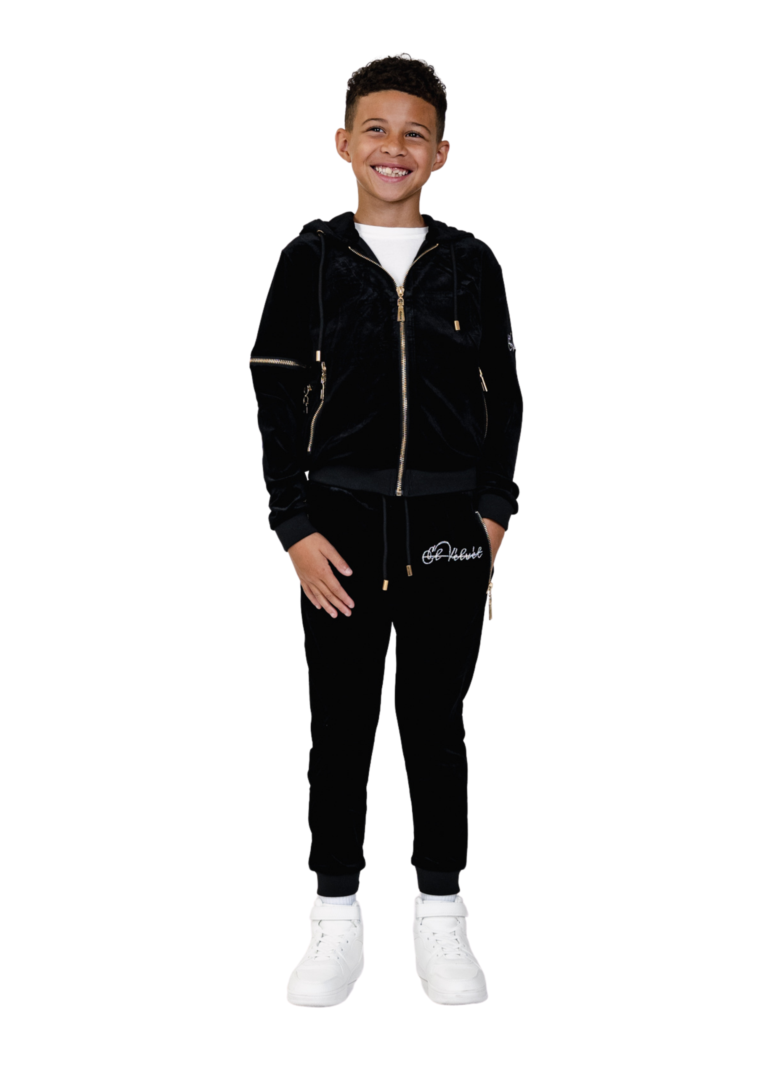 Kids Black Vélvét Full Tracksuit-Boys & Girls